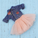 Adorable 4-Layers Gauzy Dress Jeans Jacket Outfit for 12inch Blythe Azone 1/6 BJD Dollfie Dolls Clothes Accessories Pink