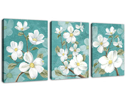 Blossom Canvas Wall Art Bedroom Blue Abstract White Flowers Canvas Picture Bathroom Wall Decor Modern Flower Canvas Artwork for Home Office Living Room Framed Ready to Hang 12" x 16" x 3 Pieces