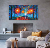 YaSheng Art -24x48 inch Landscape Oil Painting On Canvas Rain Street Tree Lamp Textured Abstract Contemporary Art Wall Paintings Handmade Painting Home Office Decorations Canvas Wall Art Painting