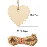 50 Packs Heart Wood Slices Wooden Heart Embellishments Valentine Unfinished Predrilled DIY Wooden Ornaments with 32.8 Feet Twine and 2 Packs Nylon Brush for Valentine Wedding