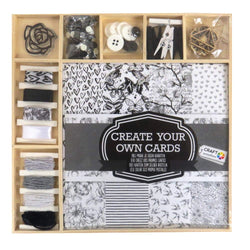 Craft Sensations Card Making Pack, Stylish Black & White, 50 Items, Sheets, Twine, Stamp, Wooden Shapes, Buttons, Rhinestones and More
