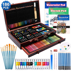 186 Piece Deluxe Art Set, Shuttle Art Art Supplies in Wooden Case, Painting Drawing Art Kit with Acrylic Paint Pencils Oil Pastels Watercolor Cakes Coloring Book Watercolor Sketch Pad for Kids Adults