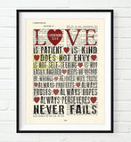Love is Patient Love is Kind - 1 Corinthians 13:4-8 Christian UNFRAMED Art PRINT, Vintage Bible verse scripture dictionary wall & home decor poster, wedding gift, 8x10 inches