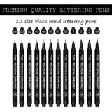 Hand Lettering Pens, Calligraphy Brush Pen, 12 Size Black Markers Set for Artist Sketch, Technical, Beginners Writing, Art Drawings, Signature, Water Color Illustrations, Bullet Journaling