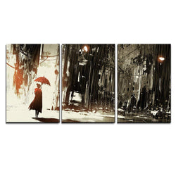 wall26 - 3 Piece Canvas Wall Art - Lonely Woman with Umbrella in Abandoned City,Digital Painting - Modern Home Decor Stretched and Framed Ready to Hang - 24"x36"x3 Panels