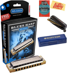 Hohner Blues Harp MS Harmonica - Key of E Bundle with Zip Case, Instructional Manual, and Austin Bazaar Polishing Cloth