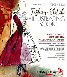 Fashion Sketchbook 400 Figure Templates, Premium Hardcover, Heavy-Weight Multi-Media Paper (8.5x6 Travel Size)