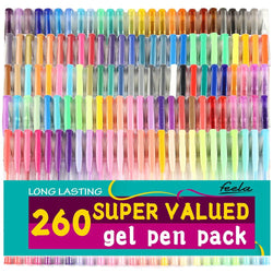 Gel Pens Set, 260 Pack Feela 130 Colored Gel Pens Plus 130 Refills for Adult Coloring Books Drawing Kid Doodling Writing Sketching Highlighter Art Markers