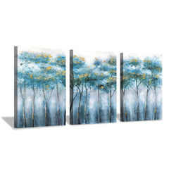 Blue Abstract Artwork Forest Pictures: Tree Landscape Painting on Canvas Wall Art (12"x16"x3pcs)