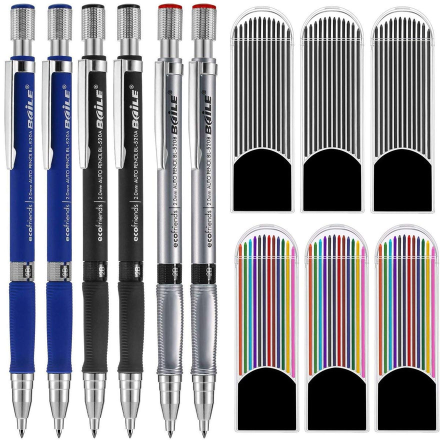 6Pcs 2mm Mechanical Pencils with 6 Cases Automatic Pencil Lead Refills, Color and Black Refills for Draft Drawing, Writing, Crafting, Art Sketching, Carpenter