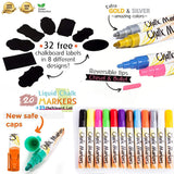 Liquid Chalk Markers, 20 Pack with Free 32 Chalkboard Labels - Neon Color Pens Including Gold and Silver Ink. 6mm + 3mm Reversible Bullet & Chisel Tip