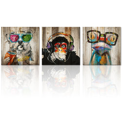 Kolo Wall Art Animals Frog Gorilla Dog Painting Picture on Vintage Wood Background Printed on Canvas Home Wall Decor Art Living Room Bedroom Wall Art (12"x12"x3, Friends)