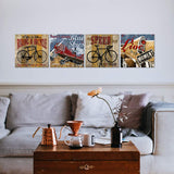 Canvas Wall Art Black Bicycle Wall Decor Boy's Room Retro Propeller Aircraft Pictures Artwork 12x12 Inch x 4 Panels Vintage Peeling Paint Glider Photos Modern Home Decoration Stretched and Framed
