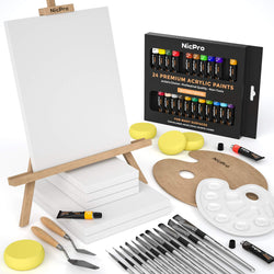 Nicpro Complete Acrylic Paint Set, Canvas Painting Kit with 24 Rich Pigment Colors (12ml) 12 Brushes, Wooden Easel, Beginner Art Supplies for Adult, Student & Kid