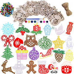24 Wood Christmas Ornaments Craft Kit DIY Paintable Wooden Christmas Tree Ornaments Wooden Ornaments to Paint Unfinished Wood Holiday Shapes Wooden Cutouts for Kids Holiday Gifts Christmas Decorations