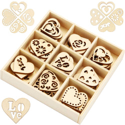 45 Pieces Wooden Ornaments Heart Wood Embellishments Crafts Set Hollow Design with Storage Tray, Mini Laser Cut Heart Shape for Valentine's Day and Wedding Decorations Kits