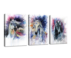DZL Art D70234 Canvas Wall Art Horse Animal Painting Prints on Canvas Framed Ready to Hang-3 Panels Watercolor Horses Prints Fine Art for Home Wall Decor