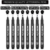 Hand Lettering Pens, Calligraphy Pens, 8 Size Black Ink Permanent Brush Markers Set for Beginners, Artist Sketch, Journaling, Art Drawing, Writing, Signature, Illustrations and Office School Supplies