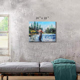 Lake Landscape Canvas Wall Art: Fishing on The Clear Blue River Mountain Trees Picture Painting for Bedroom (24'' x 18'' x 1 Panel)