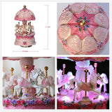 ibowoov Carousel Music Box Luxury Color Change LED Light Luminous Rotating 3-Horse Carousel Horse Music Box Melody Carrying You from Castle in The Sky (Pink)