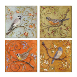 sechars - Gallery Wrapped Canvas Wall Art Set of 4 Birds on Tree Branch with Blooms Painting Print on Canvas Animal Canvas Art Bird Flower Wall Pictures for Home Bedroom Decor