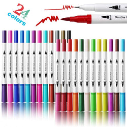 Dual Tip Brush Marker Pens 24 Colors,Brush Tip with Fineliner 0.4 Markers Pen for Writing Drawing Adult Coloring Books Planner Sketch Book Calendar Note Marker for Kids Adults