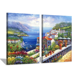 Italy Coastal Cityscape Painting Picture: Mediterranean Artwork Italian Theme Canvas Wall Art for Kitchen (24'' x 18'' x 2 Panels)