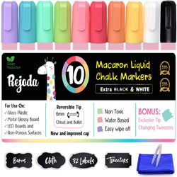 REJODA Liquid Chalk Markers - 10 Pastel Colors Pack. Chalkboard Markers with Reversible Bullet and Chisel Tip. Chalk Pens for Glass (10 Pastel, Bonus 32 Labels, Cleaning Cloth and Tweezers)