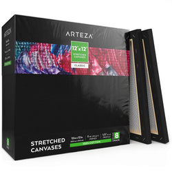 Arteza 12x12 inch Black Stretched Canvas for Painting, Pack of 12, Primed, 100% Cotton, Acid-Free, for Acrylic & Oil Paint, Pouring Techniques & Wet Art Media