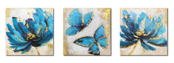 Paimuni Blue Tea Flower and Butterfly Prints 3 Panel with Embellishment Oil Painting Textured Gold Blue Floral Canvas Wall Art Ready to Hang 12x12 Inches