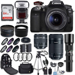 Canon EOS 90D DSLR Camera + Canon EF-S 18-55mm + Canon EF-S 55-250mm Lens & Telephoto 500mm f/8.0 + 0.43 Wide Angle Lens + 2.2 Telephoto Lens + Macro Filter Kit + 64GB Memory Card + Accessory Bundle