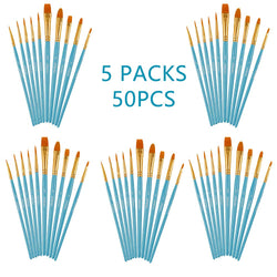 Artecho Paint Brushes Set, 5 Packs/50 pcs Art Brushes for All Levels and Purpose Watercolor Oil Acrylic Gouache Painting, Premium Nylon Hairs