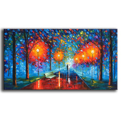 YaSheng Art -24x48 inch Landscape Oil Painting On Canvas Rain Street Tree Lamp Textured Abstract Contemporary Art Wall Paintings Handmade Painting Home Office Decorations Canvas Wall Art Painting