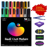 Liquid Chalk Markers, 16 Pack Colors (8 Neon, 6 Classic, 2 Metallic) + 24 Chalkboard Labels Stickers + Tweezer + Cleaning Cloth + 2 Exchange Pen tip, Non-Toxic, Water Based, Marks on Anything. Realyss