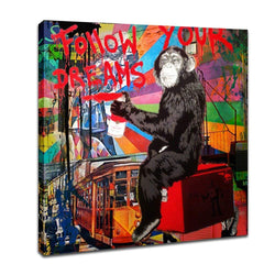 DVQ ART - Framed Canvas Painting Graffiti Monkey Follow Your Dreams Art Wall Picture Animal Street Artwork for Living Room Decor Ready to Hang 1 Pcs