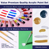 24 Colors(9.5ml/Tube) Acrylic Paints for Artists(22 Basic & 2 Metallic Colours), Ideal Acrylic Art Set for Canvas, Wood, Rock Painting, School/Classroom Art Supplies Essentials for Kids & Adults