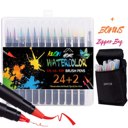 Watercolor Paint Brush Pen, 24 Vibrant Colors Dual Tips Real Brush Pens with 2 Water Blending Brushes and 1 Bonus Zipper Bag, Paint Markers for Drawing, Coloring for Artists and Beginner Painters