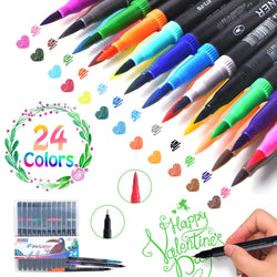 Dual Markers Brush Pen, Calligraphy Point Coloring Marker Ink Pens, 24 Pack Brush and Fine Tip Art Markers for Hand Lettering Coloring Book Sketching Taking Writing Planning Art Project