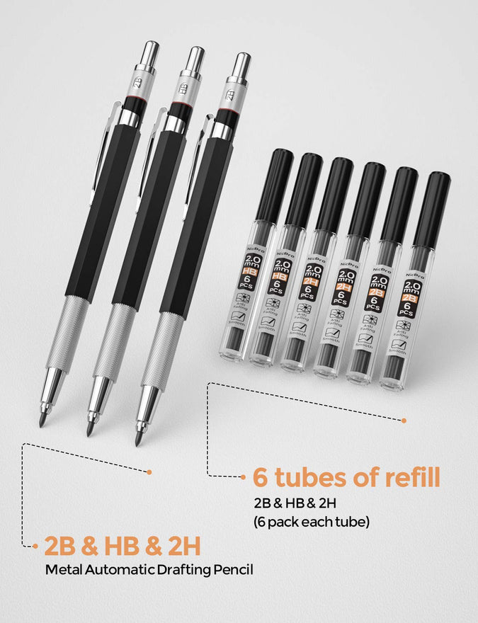  Nicpro 6PCS Art Mechanical Pencils Set, 3PCS Metal Drafting  Pencil 0.5 mm & 0.7 mm & 0.9 mm & 3PCS 2mm Graphite Lead Holder (2B HB 2H)  For Writing, Sketching