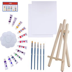 Art Canvas Paint Set Supplies - 22-Piece Canvas Acrylic Painting Kit with Wood Easel, 8x10 inch Canvases, 12 Non Toxic Washable Paints, 5 Brushes, Palette and Color Mixing Guide