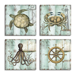 Vintage Rustic Nautical Beach Decor Anchor/Steering Wheel/Turtle Wall Art Ocean Decor Pictures For Bathroom Decorations - 4 Panel Canvas Painting Framed Artwork For Living room Office Bedroom Decor