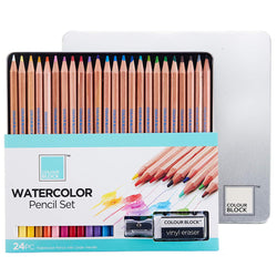 COLOUR BLOCK Watercolor Pencil Set - 24 PC, 24 Watercolor Pencils with Premiun Cedar Handle and Bonus Vinyl Eraser and Sharpener in a Tin Storage Box.