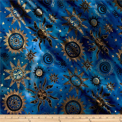 Textile Creations Indian Batik Odyssey Gold Sun Blue/Black Metallic Fabric by the Yard