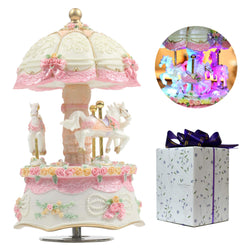 ACCOCO Carousel Music Box Luxury Color Change LED Light Luminous Rotating 3-Horse Carousel Horse Music Box Melody Happy Birthday to You(Happy Birthday, White)