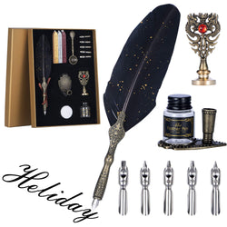 Carving Feather Pen Set,Calligraphy Set Includes Feather Dip Pen,Bottle of Ink,5 Replacement Nibs,3 Wax Seal Sticks,Pen Nib Base,Seal Stamp, White Wax,spoon, Executive Gift（Black）