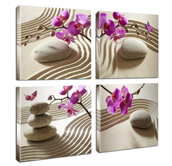 Canvas Print Wall Art-Spa Wall Decor Butterfly Orchid Painting Zen Spa Purple Phalaenopsis Flowers On White Balance Stones 4 Panel Paintings Modern Artwork For Living Room Decoration Flower Home Decor