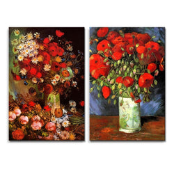 Famous Oil Painting Reproduction Replica Set of 2 Vase with Poppies Cornflowers Peonies and Chrysanthemums Red Poppies by Van Gogh ped - Canvas Art Wall Decor - 16" x 24" x 2 Panels