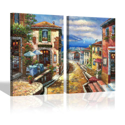 Mediterranean City Canvas Wall Art - European Hand Painted Cityscape Painting Abstract Canvas Art for Bedroom (24'' x 18'' x 2 Panels)