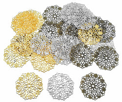 Filigree Wrap Charm Pendant Connector,Metal Laminate Decoration Supplies for DIY Hairpin Headwear Earring Costume Jewelry Making Findings(30pcs with Silver,Bronze and Gold Colors)