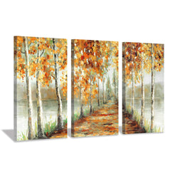 Hardy Gallery Abstract Landscape Canvas Artwork Painting: Yellow Birch Trees Picture Gold Foil Wall Art Print on Canvas for Bedroom (26'' x 16'' x 3 Panels)